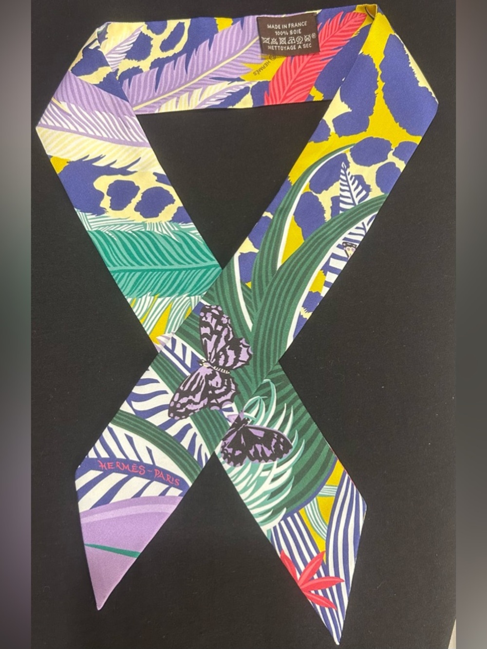 Hermès Purple Green Yellow Printed Silk Twilly with Butterfly Motif